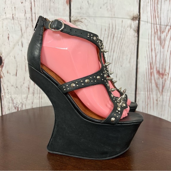 JEFFREY CAMPBELL CONTAIN Studded Black leather heelless platform sandals 7 EUC - Picture 3 of 17